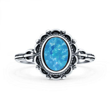 Vintage Style Petite Dainty Lab Created Blue Opal Ring Solid Oval Oxidized 925 Sterling Silver